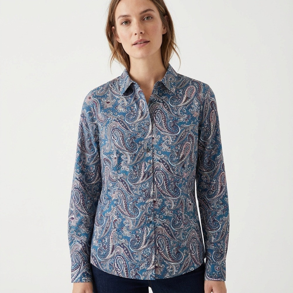 Talbots Blue Paisley Button Up Shirt Long Sleeve Tailored Classic Chic Size 12
